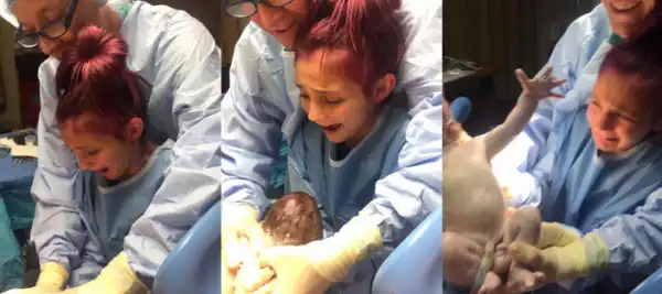 Amazing photos captures the moment terrified 12-year-old girl delivered her baby brother